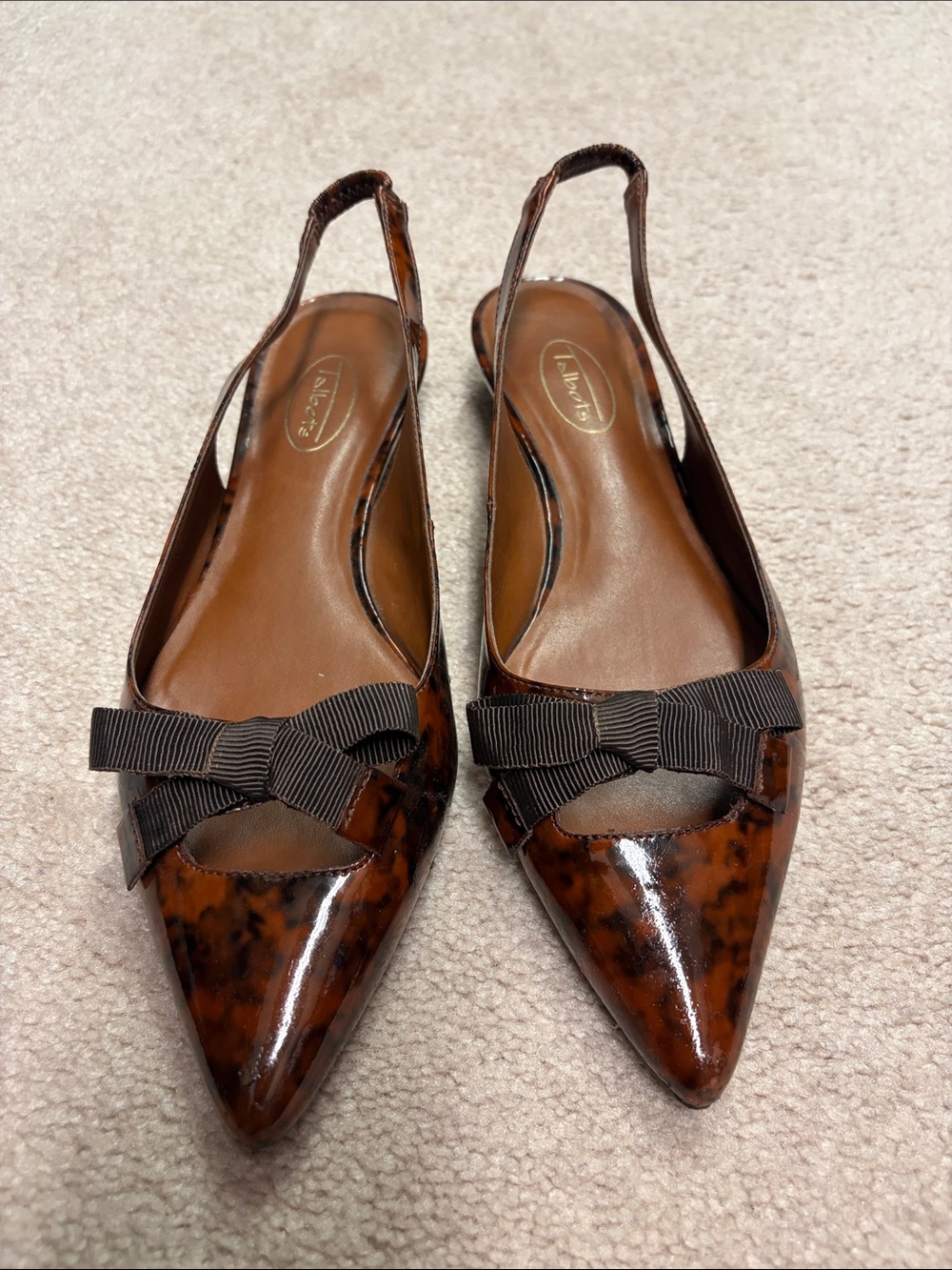 Talbots Tortoiseshell Patent Pointed Slingback Flats with Brown Bow